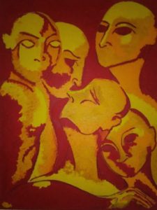 oil on canvas representing several figures in red and yellow oil color