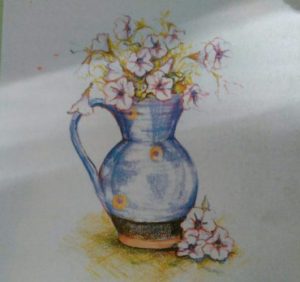 drawing of a jug with flowers made with colored pencils rs