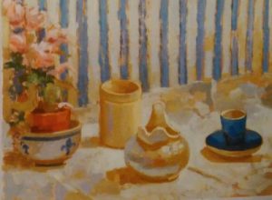 oil painting of a pot with flowers,cup, jug ,jar in front of a blue and white stripped wall