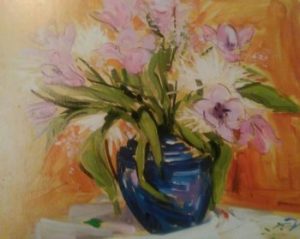 oil painting of a blue vase with flowers