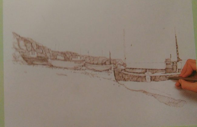 sketch of two boats made with graphite pencil 