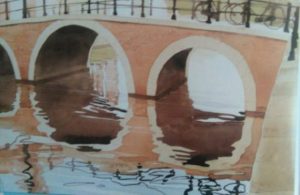 watercolor painting of a bridge on the water