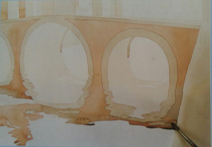 sketch of water with a bridge made with watercolors