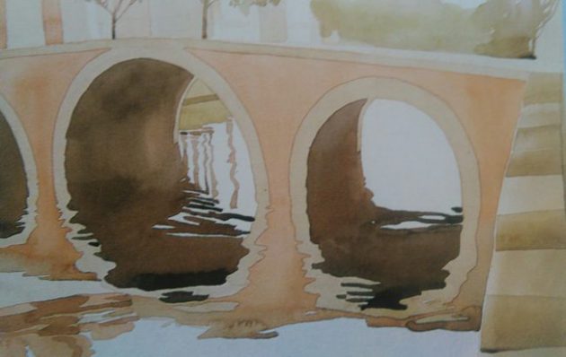 almost completed painting of a bridge on the water made with watercolors