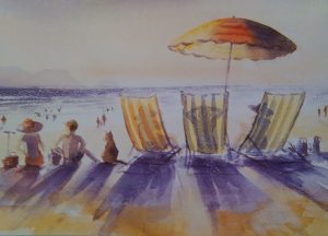 painting made with complementary colors representing several beach chairs, people and a sun umbrella