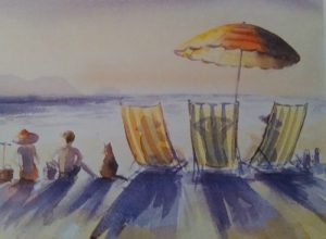 almost completed painting of a beach done with complementary color