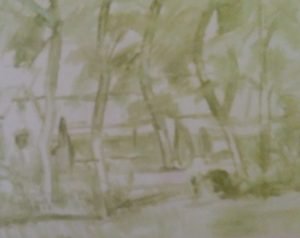 sketch of trees in front of the house made with green oil color