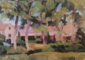 painting of green summer trees in front of a house painted with oils
