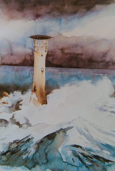 painting of a lighthouse in the storm painted with watercolors