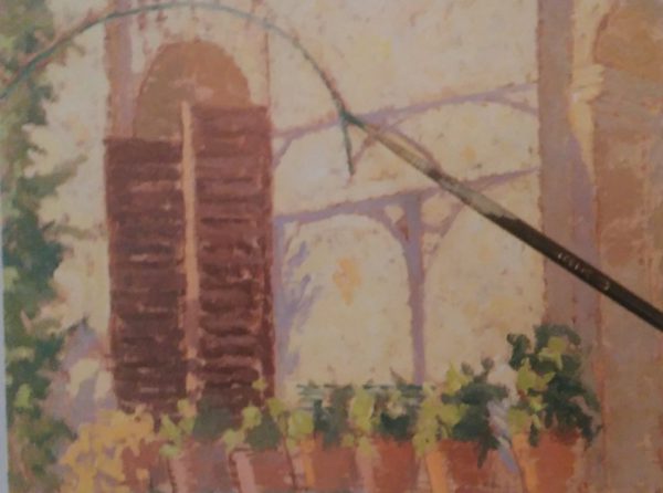 paint brush adding final details to a painting of a window with several flower pots made with analogous oil colors