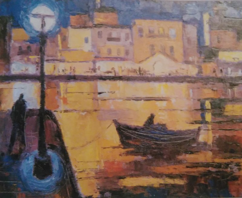 oil painting of a boat in a small port painted with oils