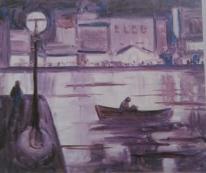 purple sketch of a boat in a port made with oil colors