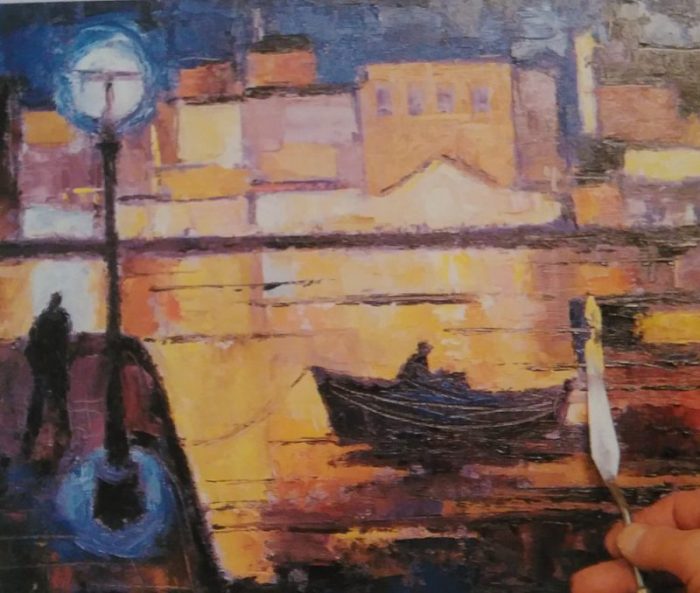 painting of a boat in a port made with oil painting knife
