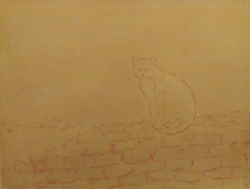 sketch of a cat made on canvas with a light yellow oil color