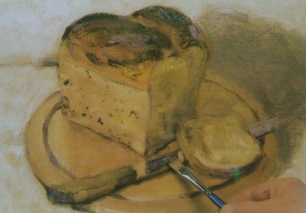 paiting of a bread and a knife on a cutting board made with oilcolors