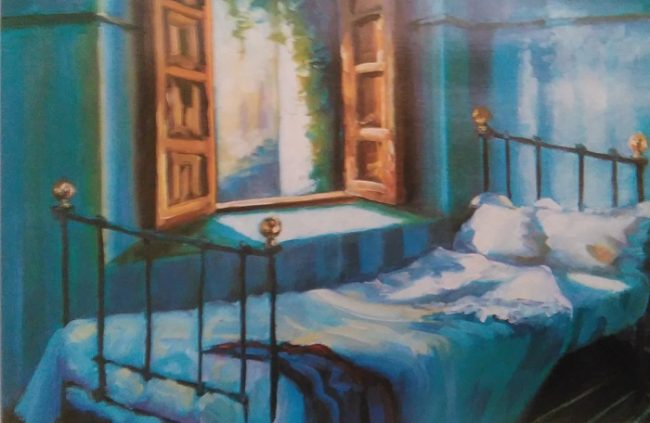 painting of a bed next to an open window