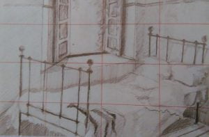 sketch of a bed next to the opened window with a grid on it