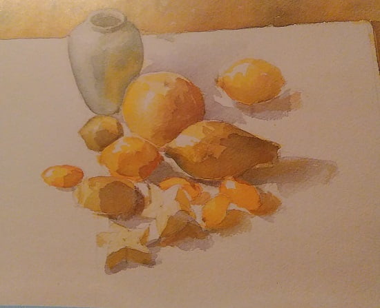 sketch of tropical fruit made with watercolors mixed with gum arabic