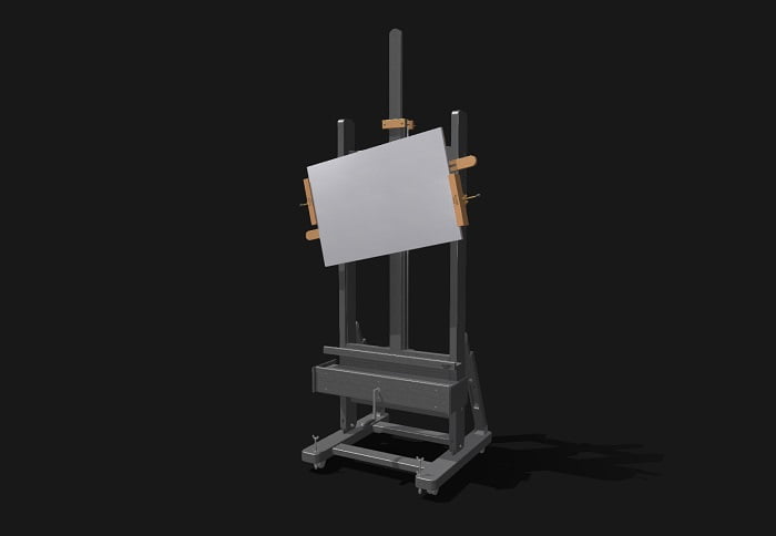 Mabef easel with mounted Mabef revolving painting accessory holding a blank canvas