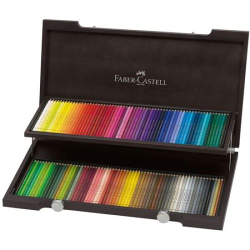 wooden box with Faber Castell colored pencils