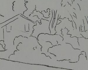 sketch of a house and several trees and bushes